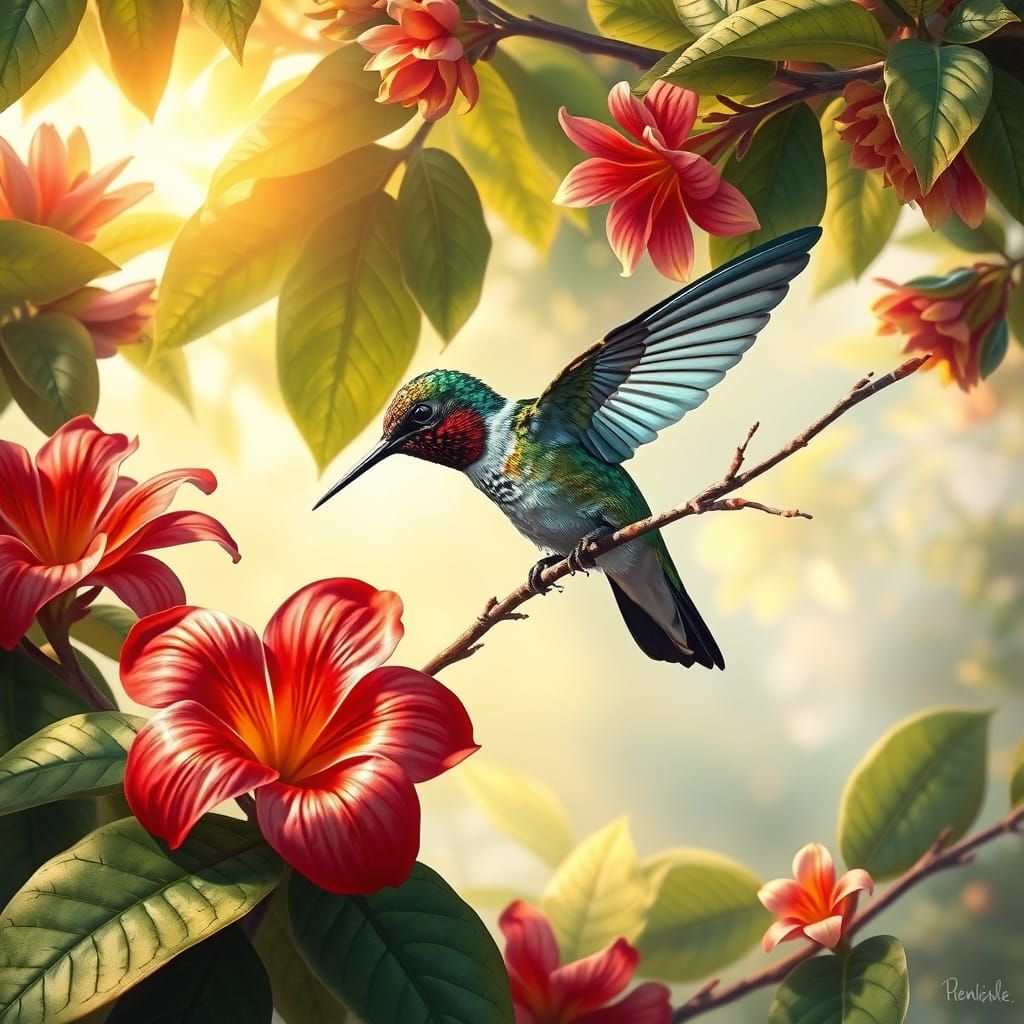Vibrant Tropical Hummingbird in Lush Greenery