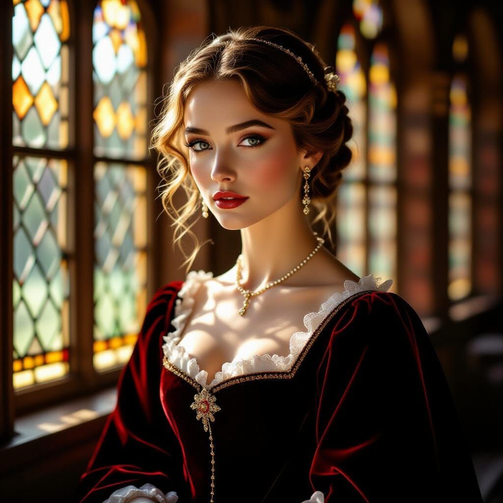 Regal Woman in Sunlit Stained Glass, Renaissance Style Portr...