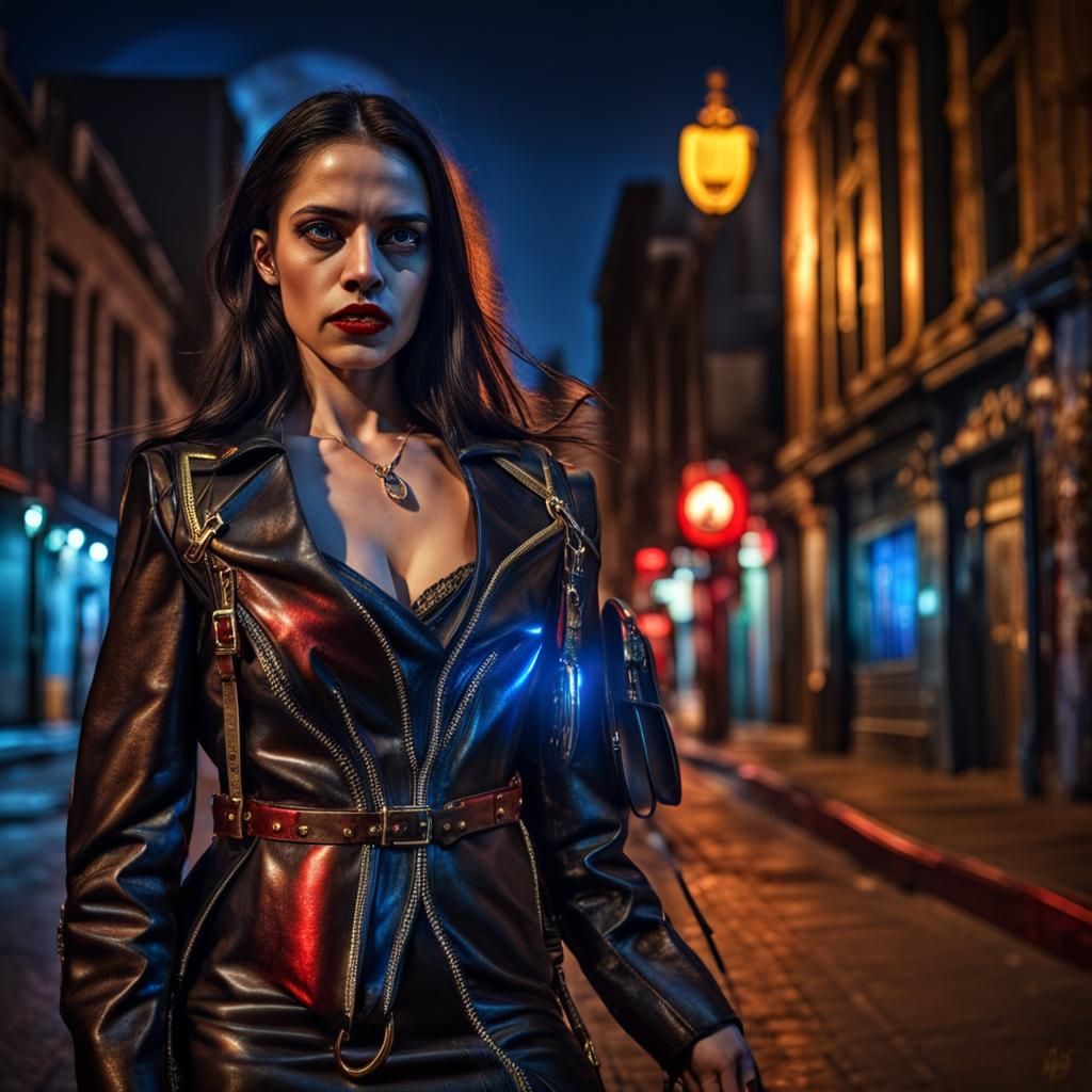 Hispanic Vampire in Neon Cityscape