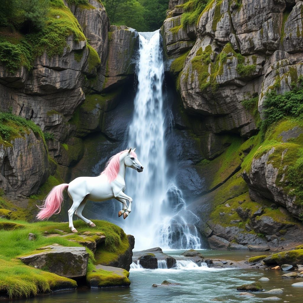 Mystical Unicorn Descends a Cascading Waterfall