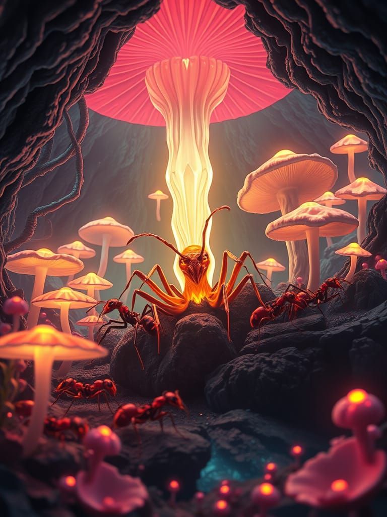 Neon Lit Ant Colony in Bioluminescent Mushroom Forest