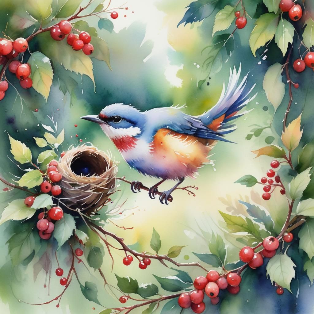 Vibrant Bird Soaring to Nest: Watercolor Illustration