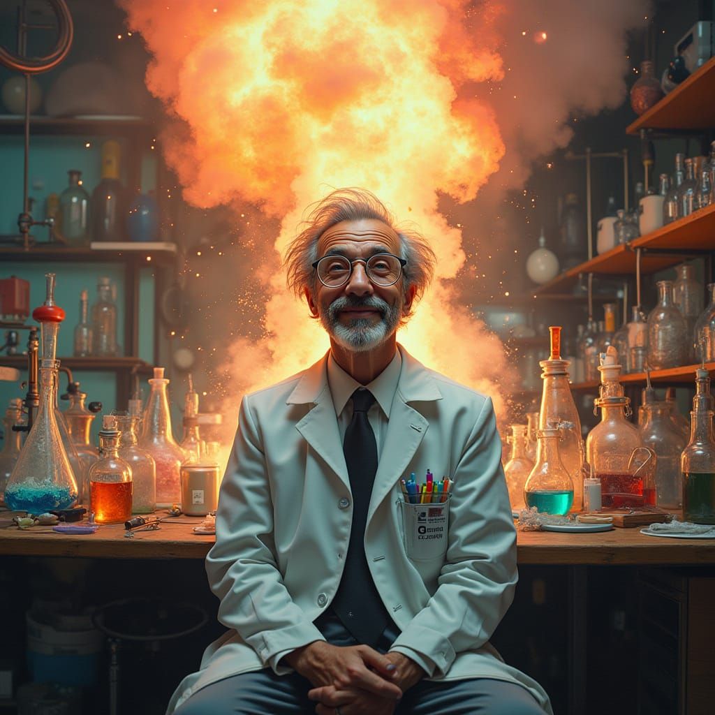 Mad Scientist Surrounded by Explosive Laboratory Chaos