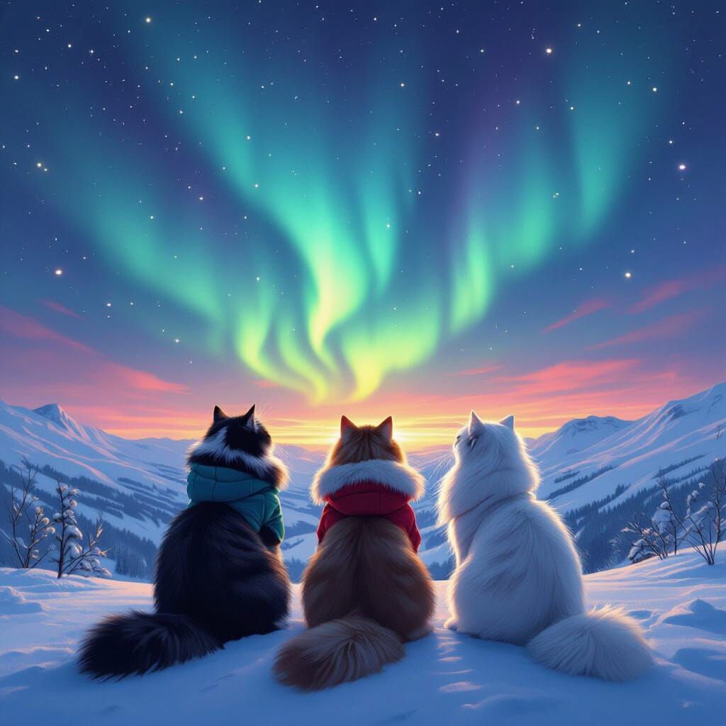Cats Witness Northern Lights in Dreamy Ethereal Style