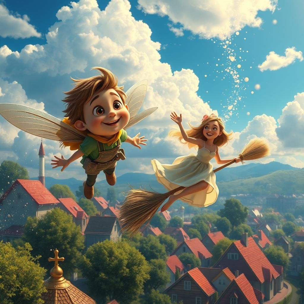 Whimsical Flying Character Greets Woman in Fantasy City