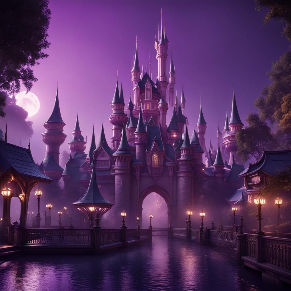 Fantastical Theme Park at Night in Purple Tones