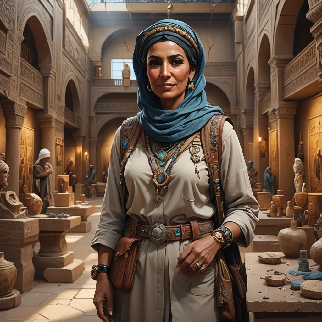Arabic Archaeologist in Museum, Acrylic Painting Style
