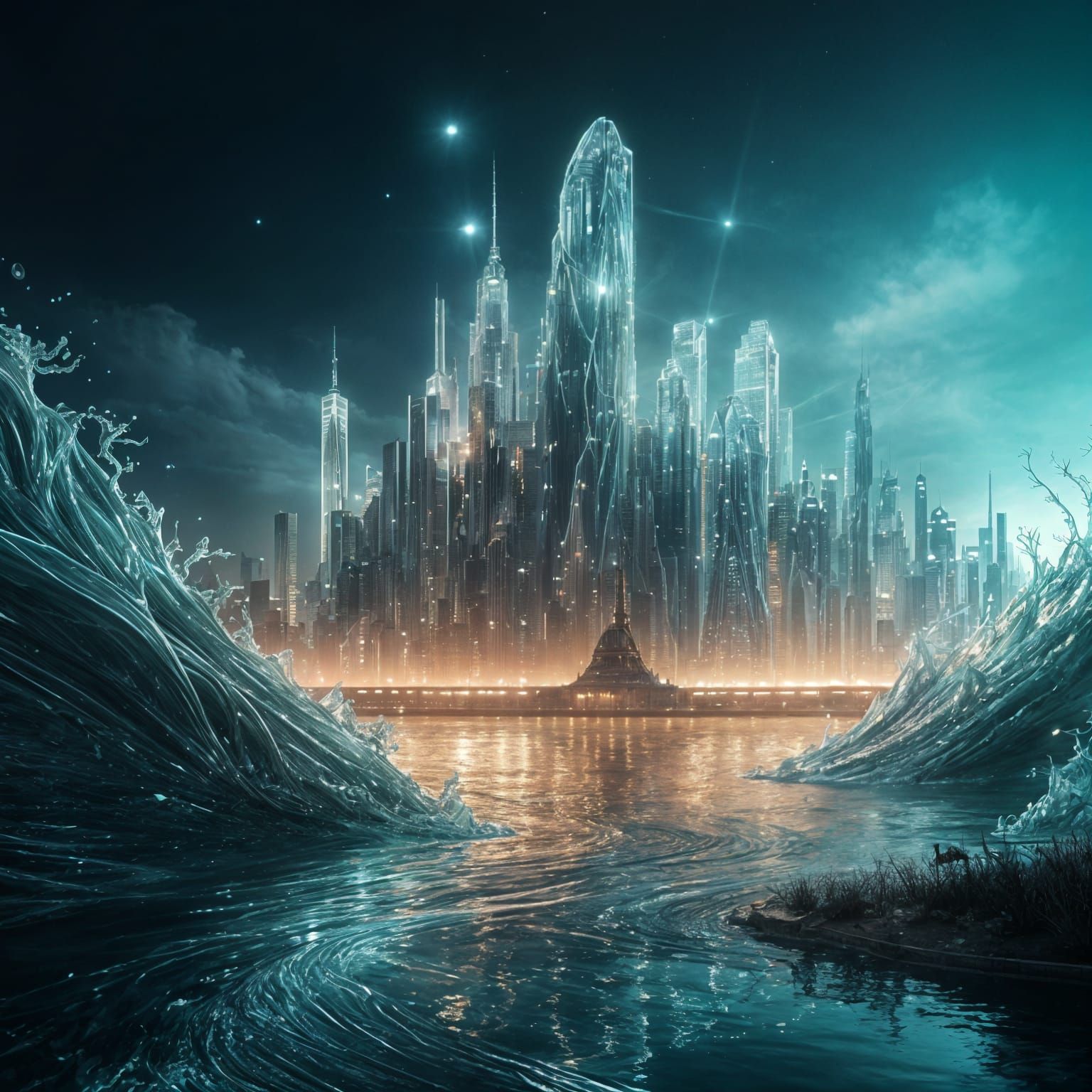 City of Shimmering Waves in Cyberpunk Style