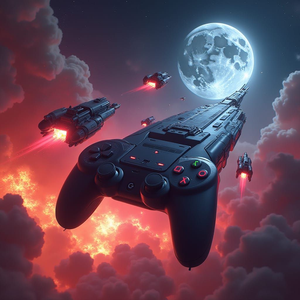 Game Console Soaring Through Burning Cosmos