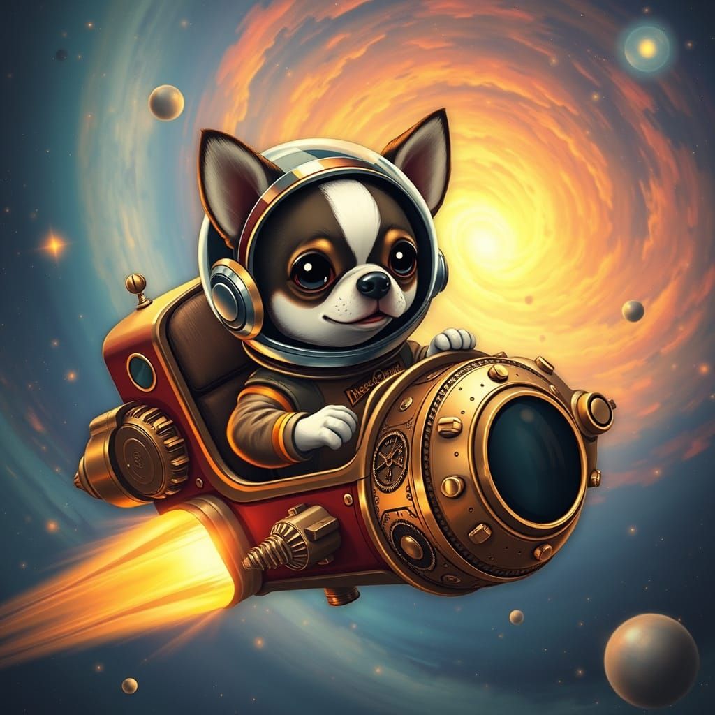 Chihuahua Astronaut in Steampunk Zeppelin Nebula