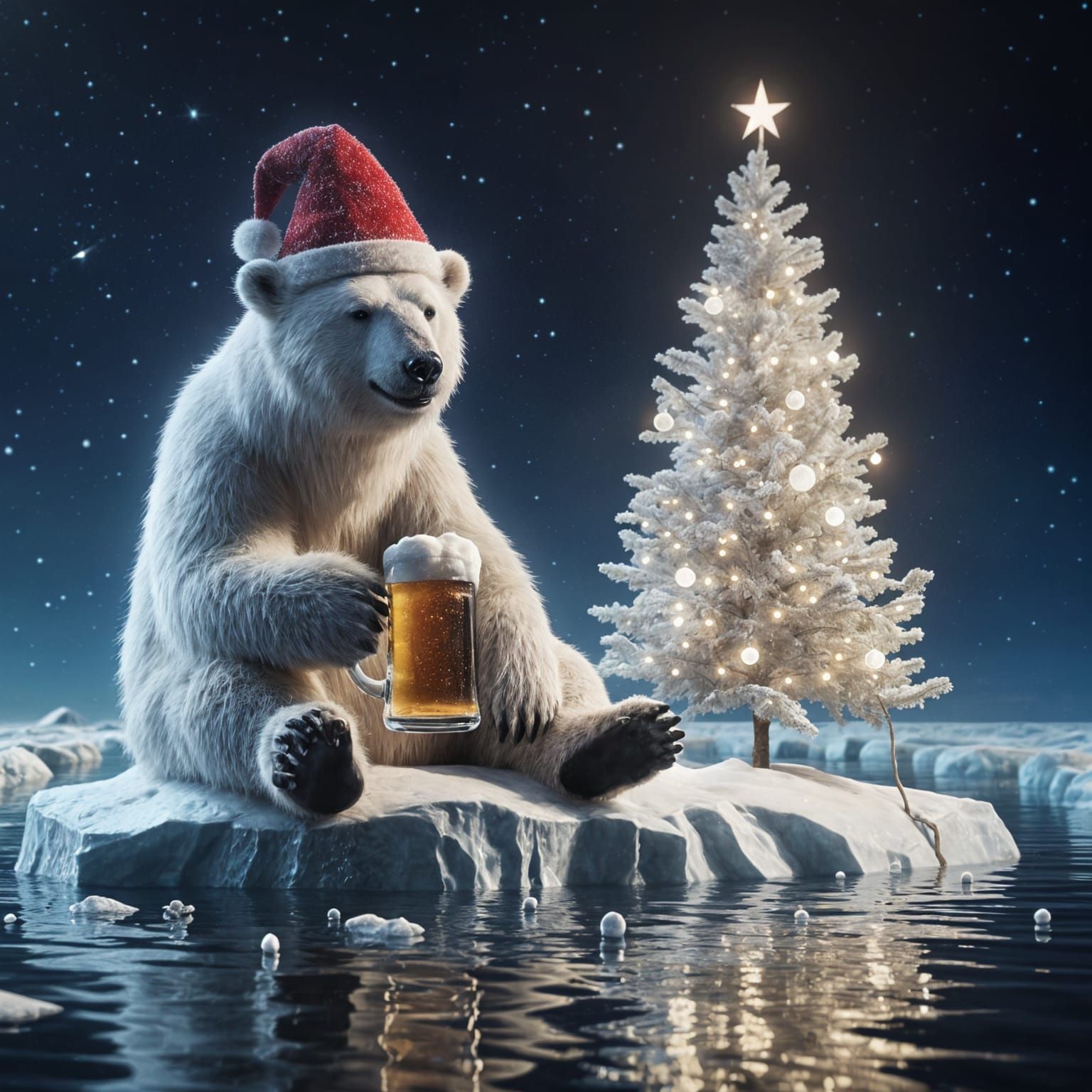 Festive Polar Bear Celebrates Christmas on Ice