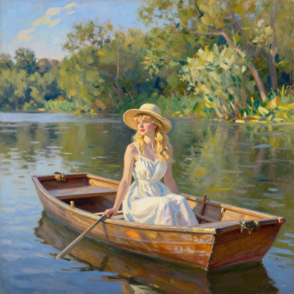 Impressionist Painting of Blonde Girl in Rowboat on Serene L...