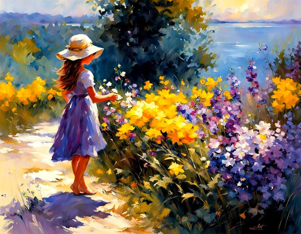 Young Girl Picking Flowers in Vibrant Impasto Painting