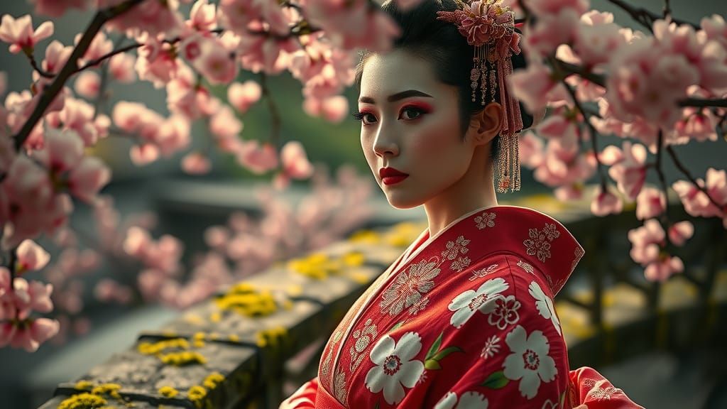 Regal Geisha with Cherry Blossoms in Japanese Aesthetic