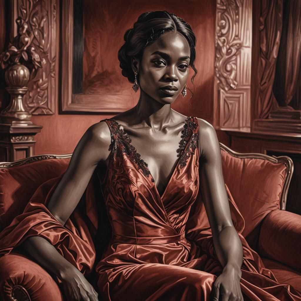 Detailed Charcoal Portrait of Woman in Red Dress