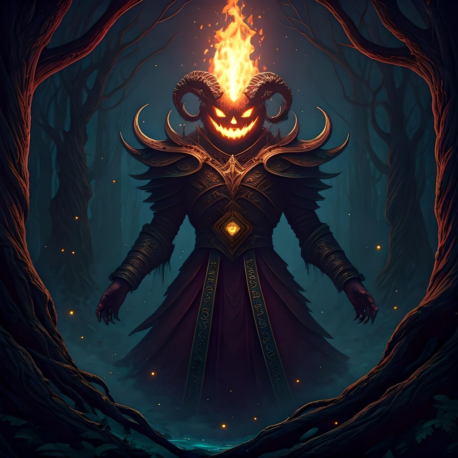 Flaming Demon Casting Spell in Night Woods