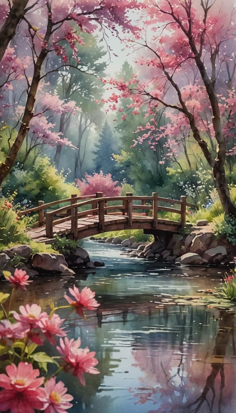 Watercolor Landscape with Raspberry River and Bridge