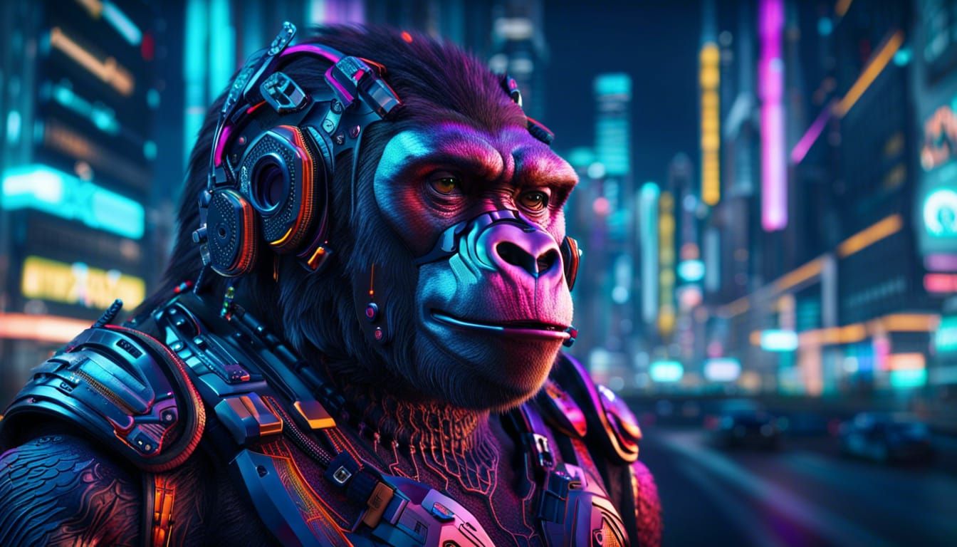 Cyborg Gorilla Portrait in Neon City, CGI Render