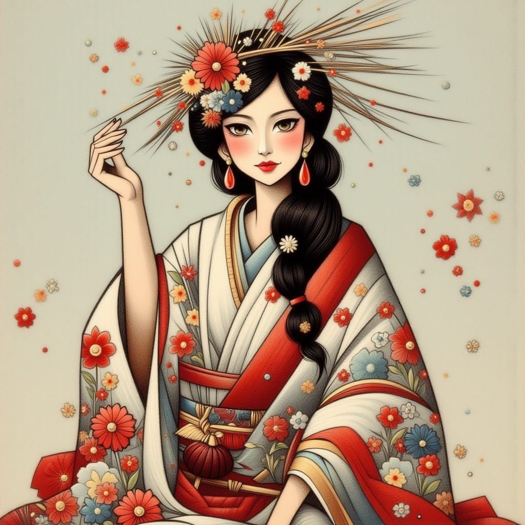 Colorful Japanese Woman in Yukata with Embroidery