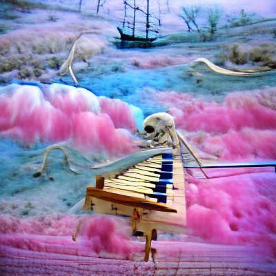 Surreal Skeletal Harpsichord Dreamscape in Cotton Candy Colo...