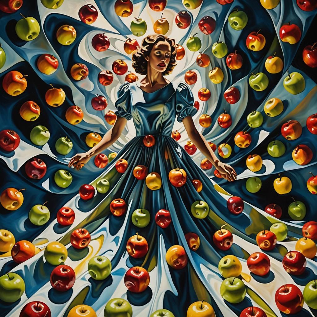 Surreal Apples and Dresses Merge in Tunnel