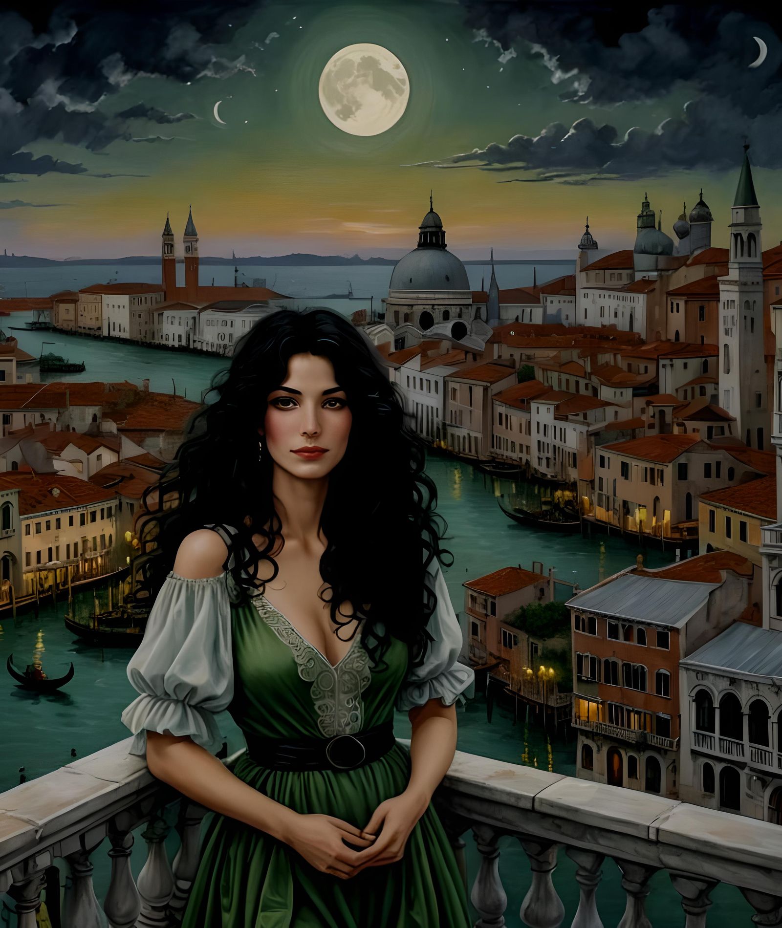 Woman on Terrace with Venice Moonrise