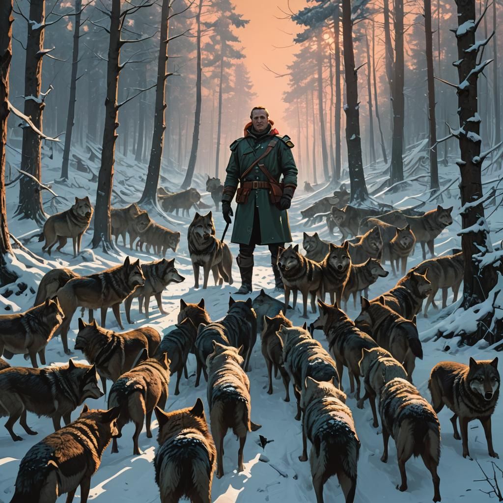 Commander Wintermoor and Wolves in Snowy Forest