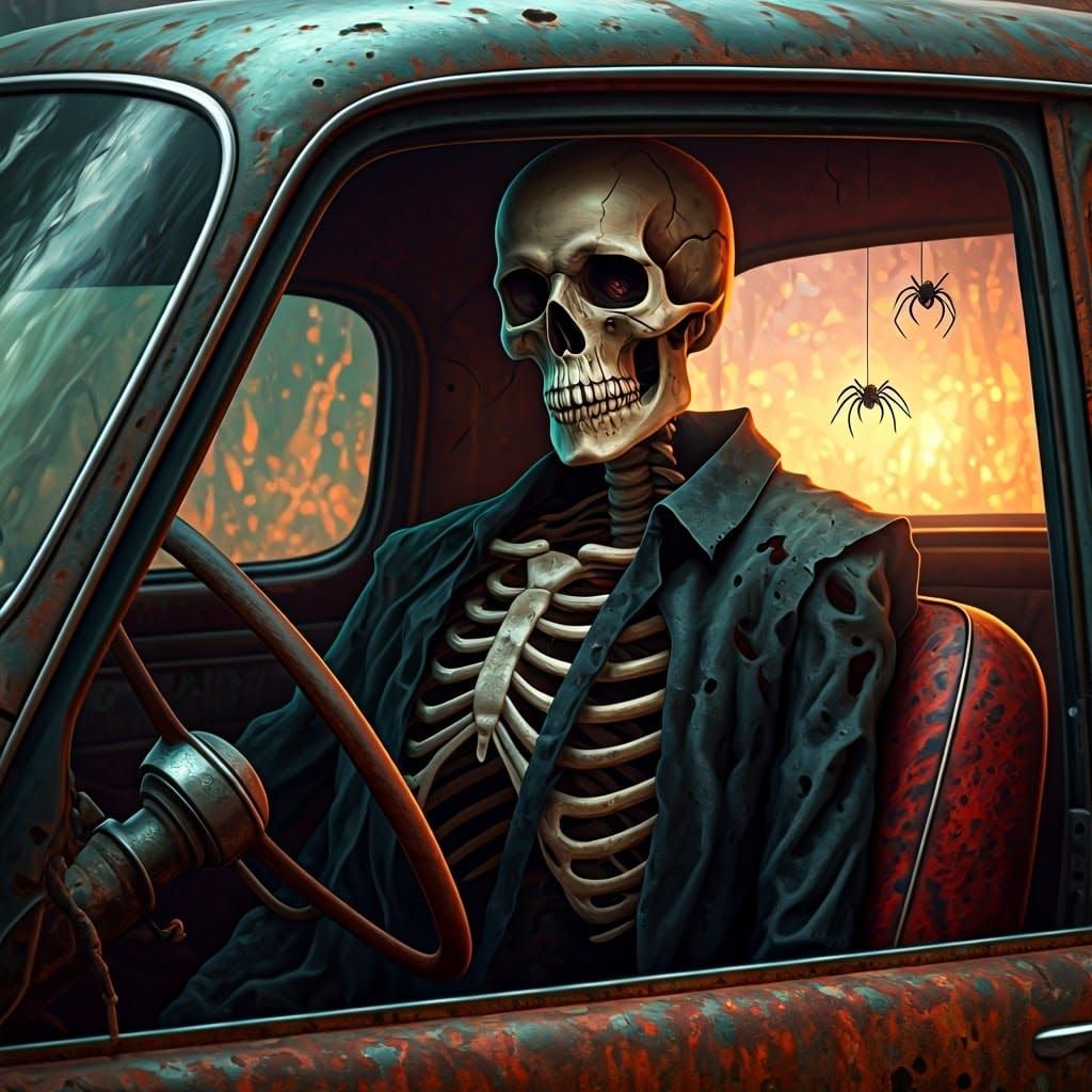Skeleton Driver in Rusty Car: Hyperrealistic Concept Art
