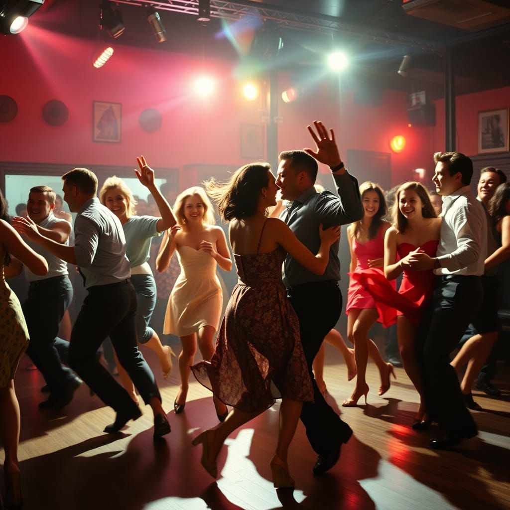Energetic 1950s Rock and Roll Dance Hall Scene