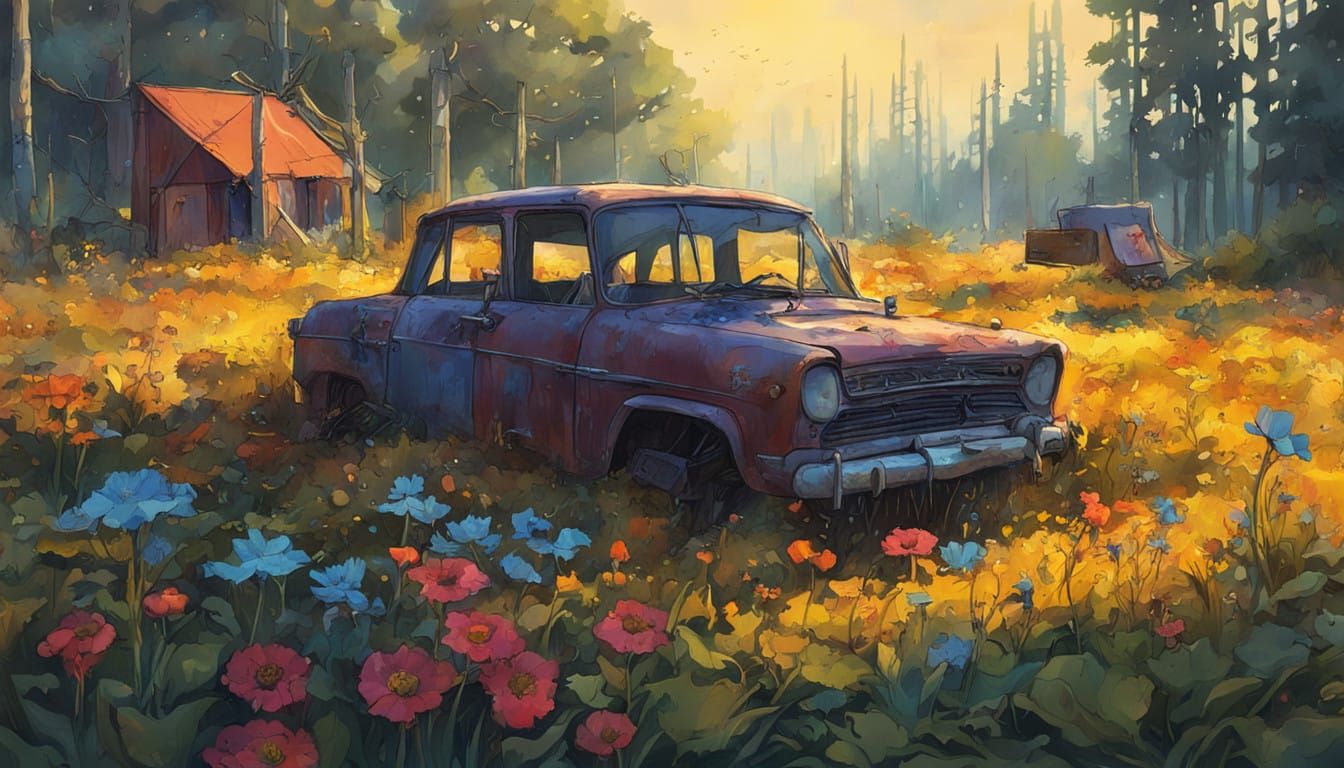 Vibrant Forest Glade in Warm Sunshine, Overgrown Laptop, and...