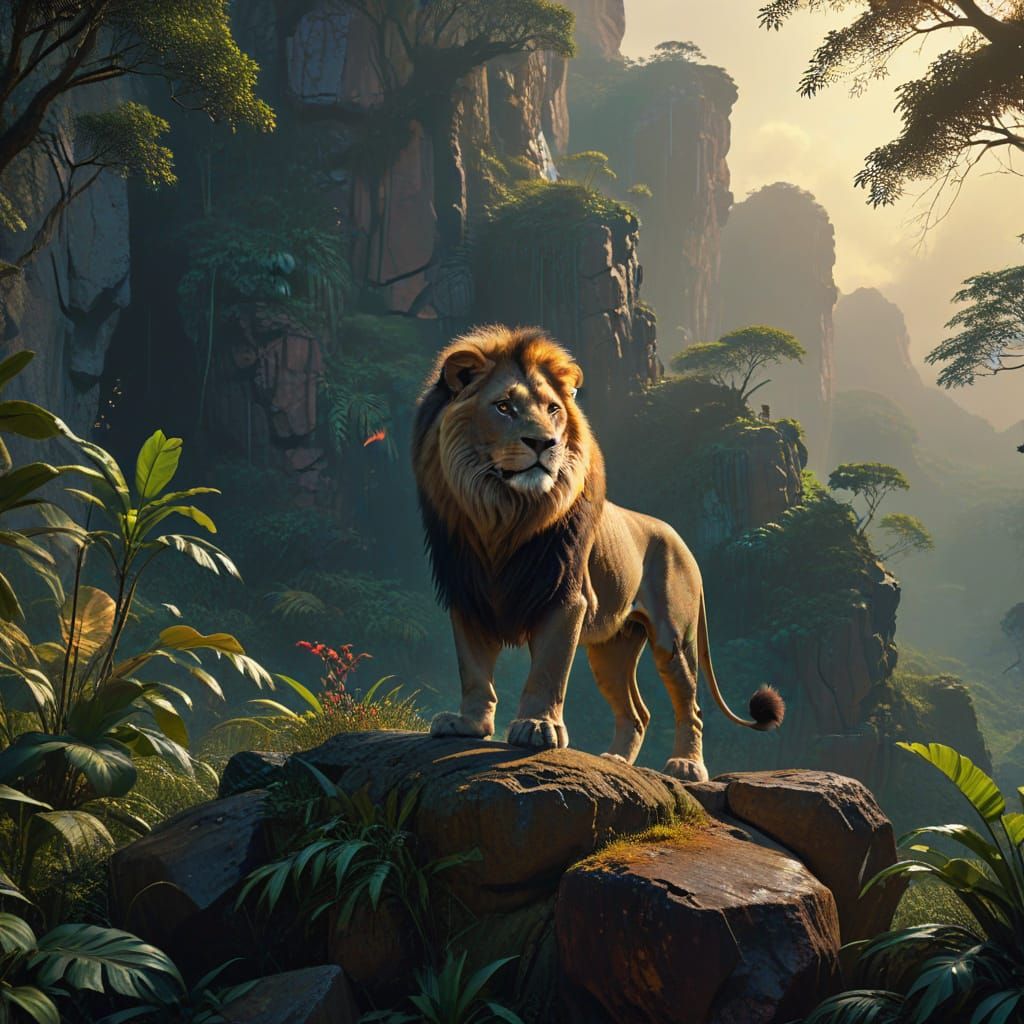 Lion Overlooking Jungle in Cinematic Style