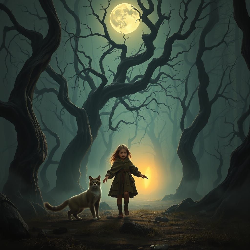 Girl in Ethereal Woods, Surrounded by Ancient Trees and Gold...