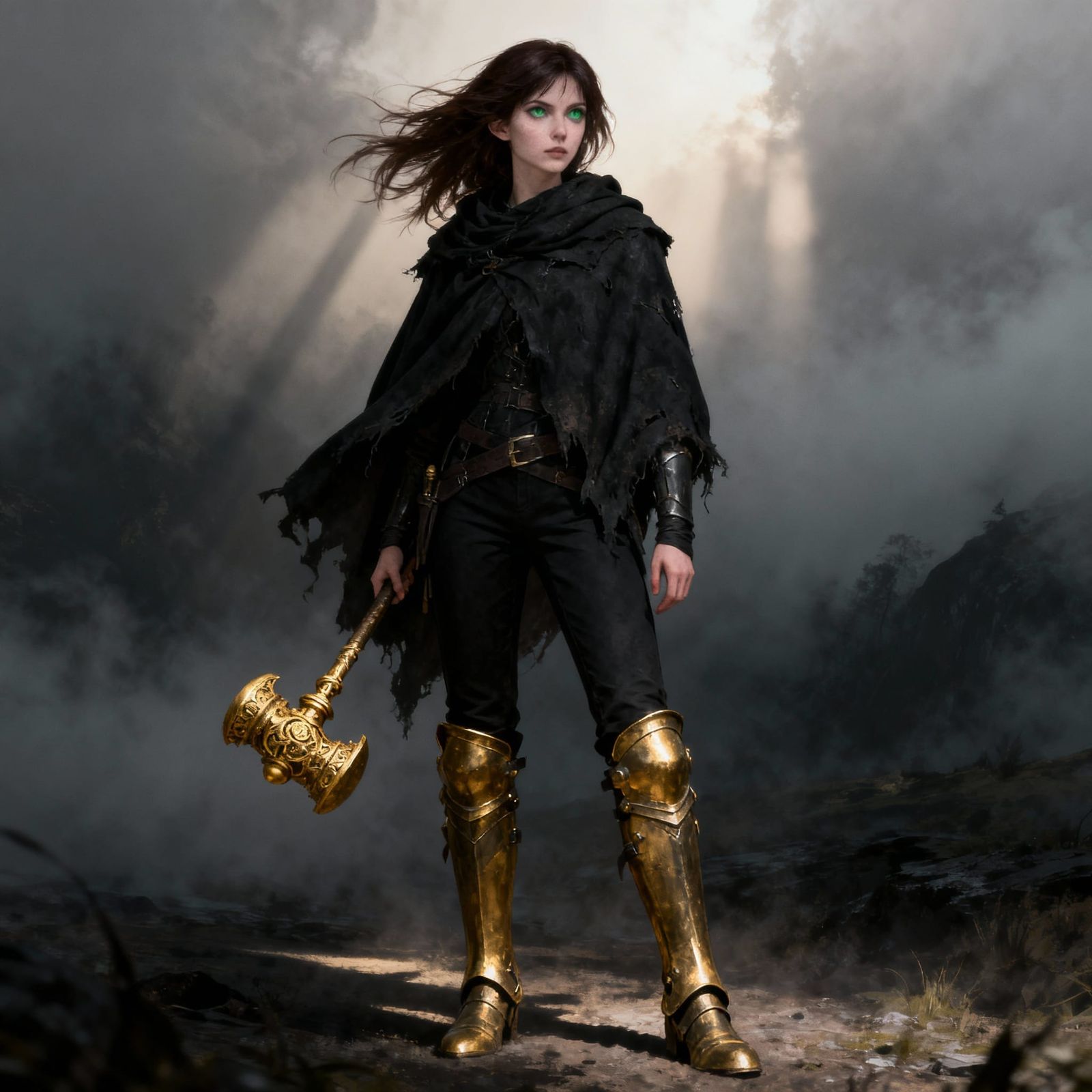 Young Woman Adventurer with Mace in Misty Atmosphere