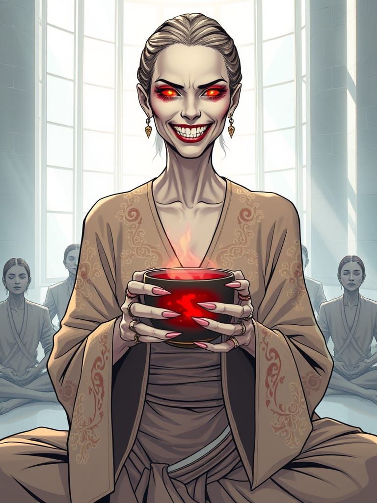 Ethereal Vampire Wellness Guru in Refined Comic Book Style