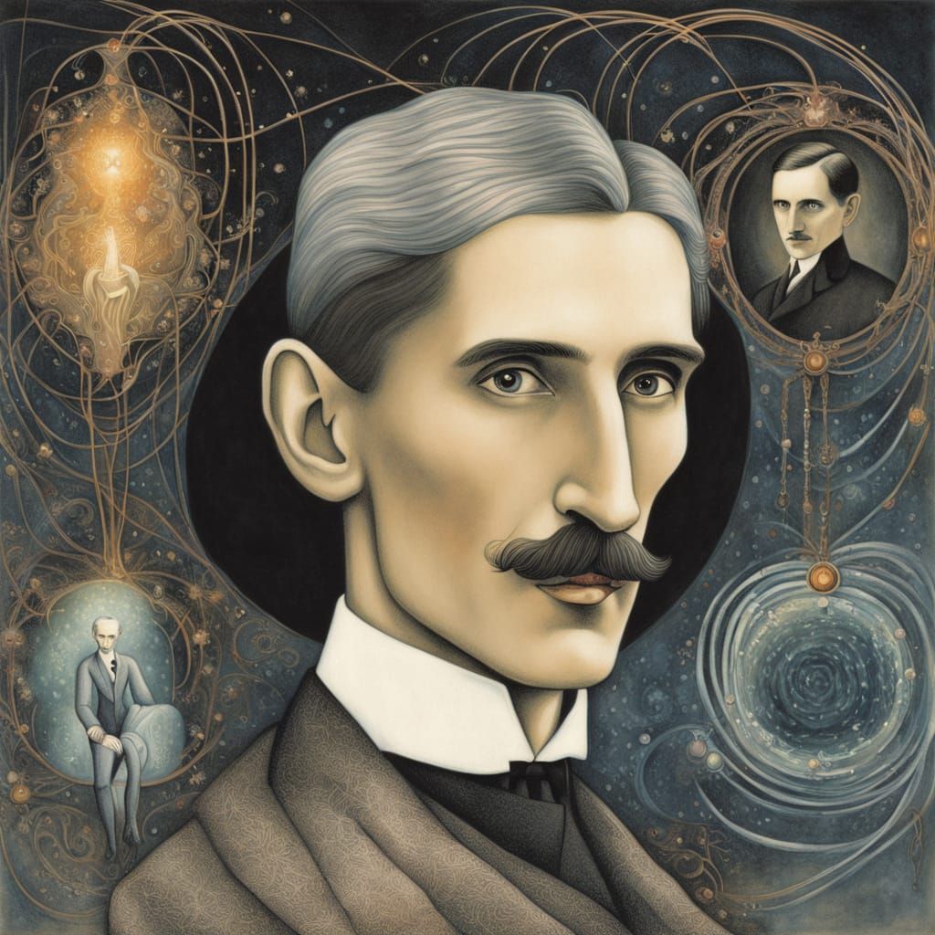 Ethereal Portrait of Nikola Tesla with Dancing Spirit and Lu...