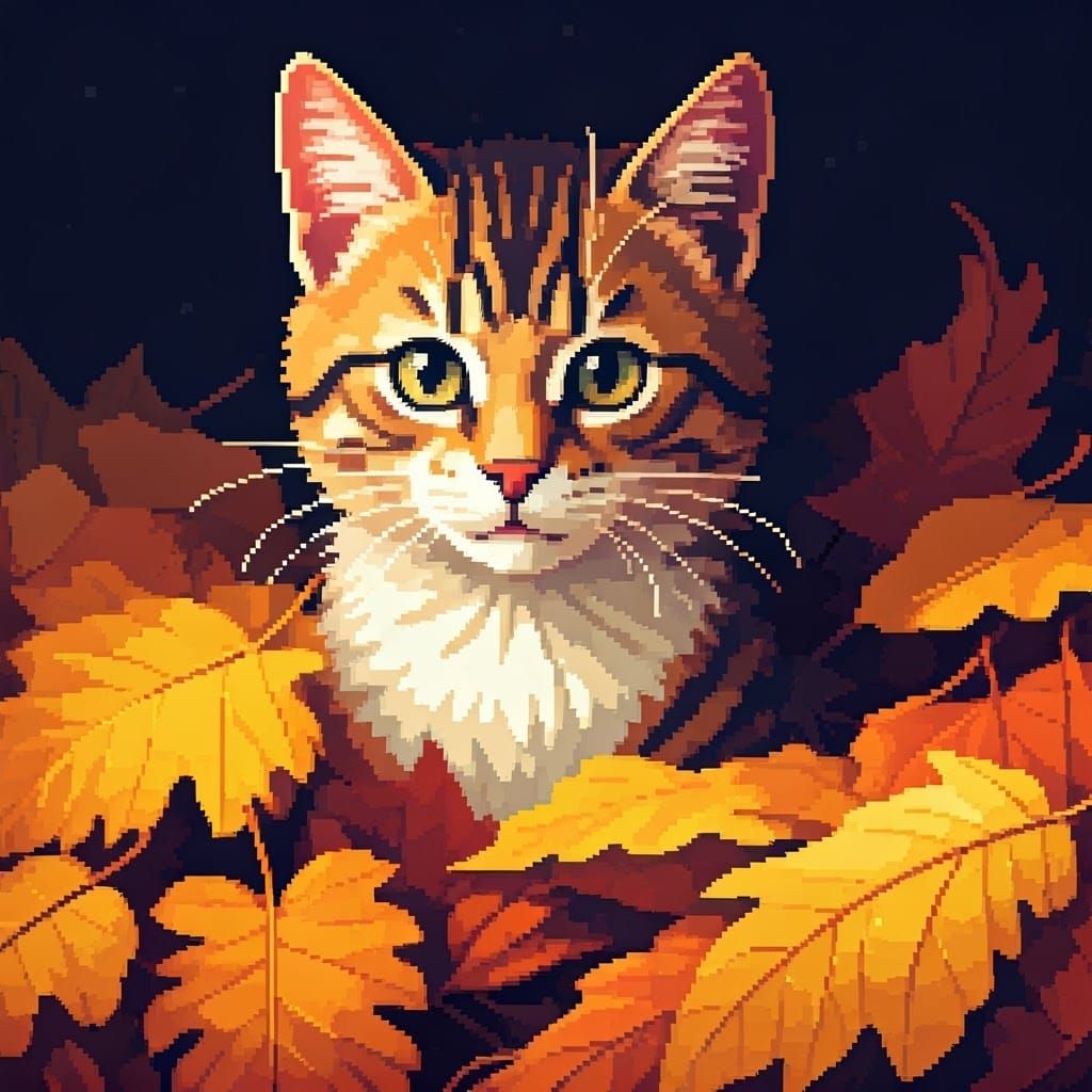 Kitten in Autumn Leaves: 16-bit Pixel Art