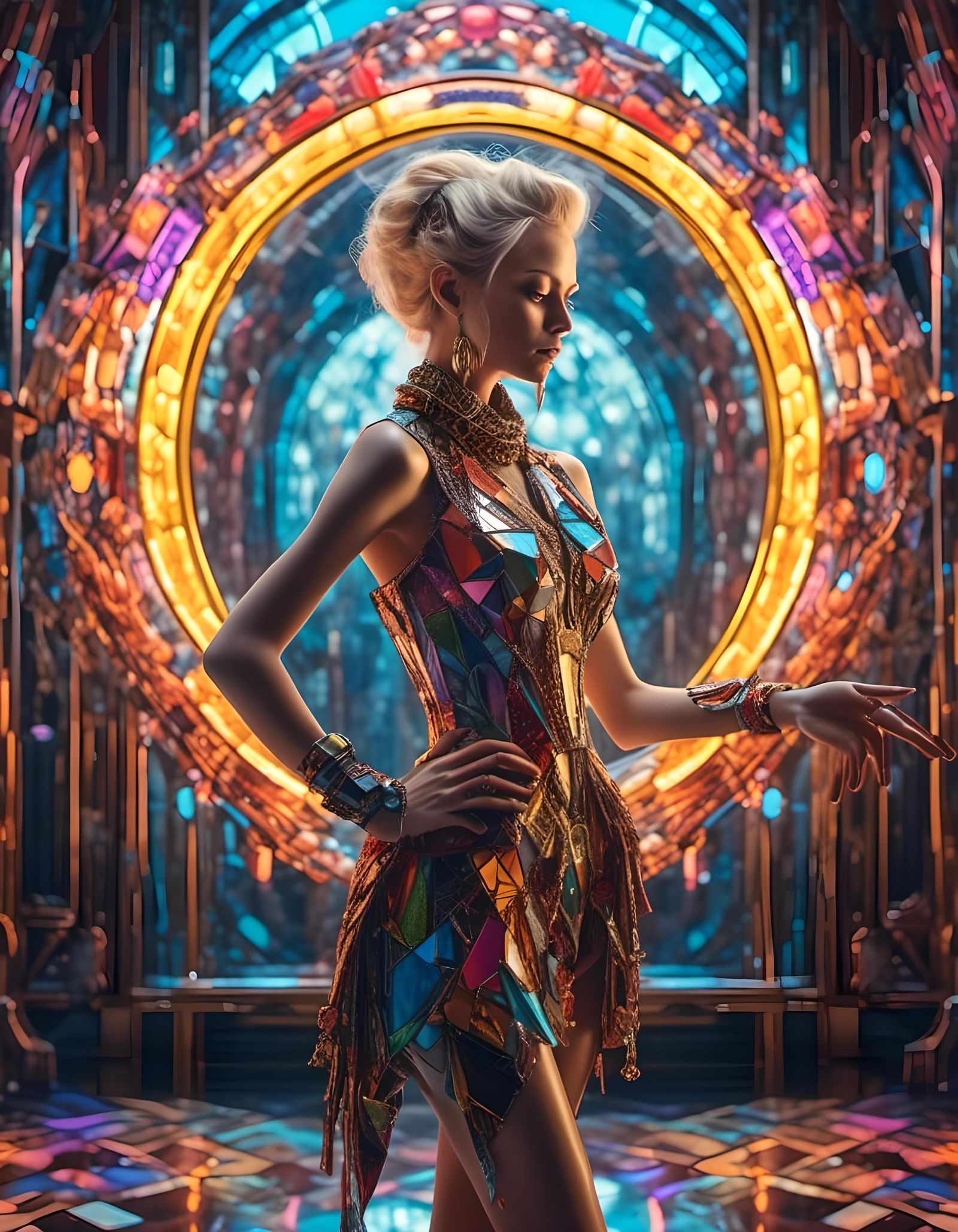 Woman in Futuristic Jewelery Gazing into Mirror