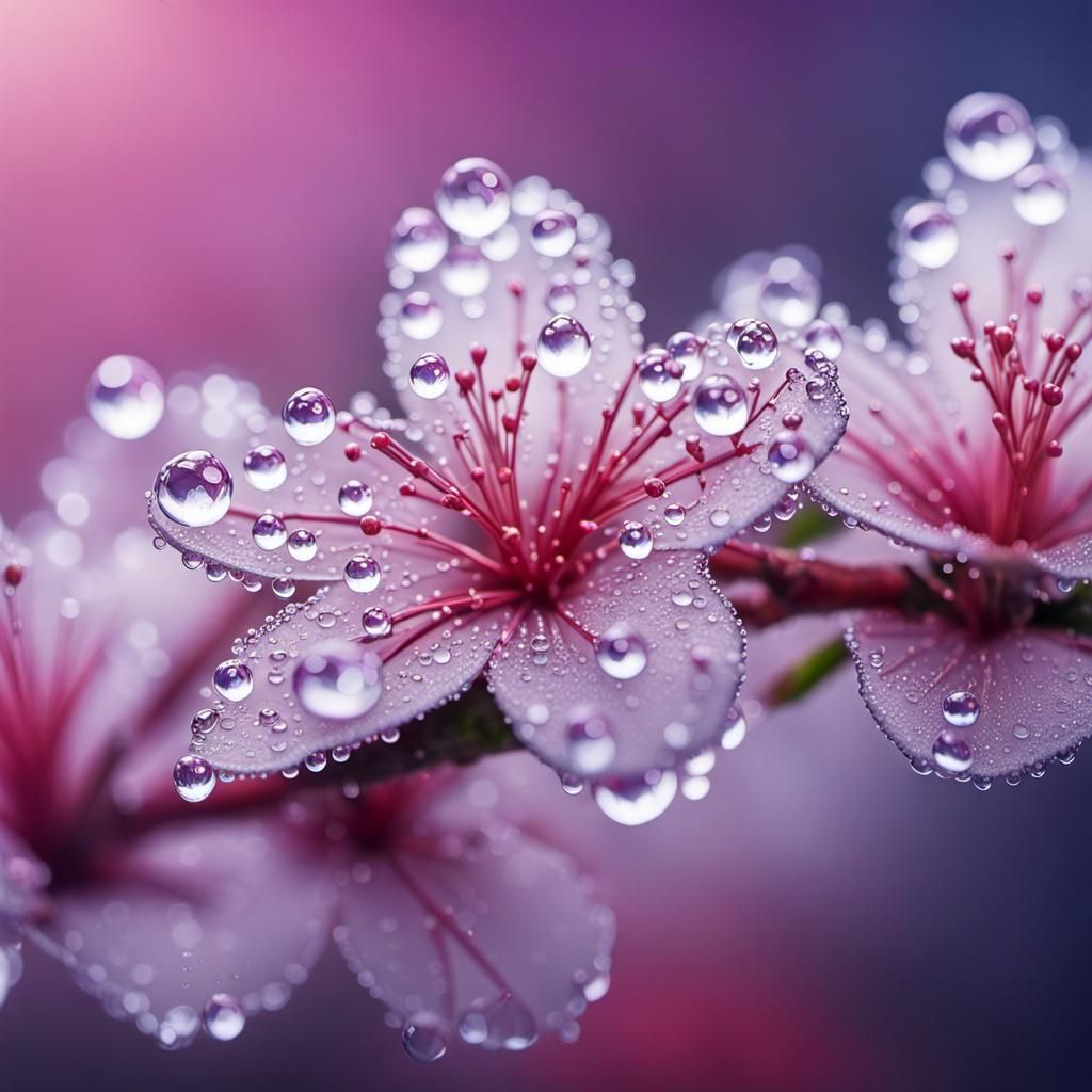Dew Drops on Sakura Flowers