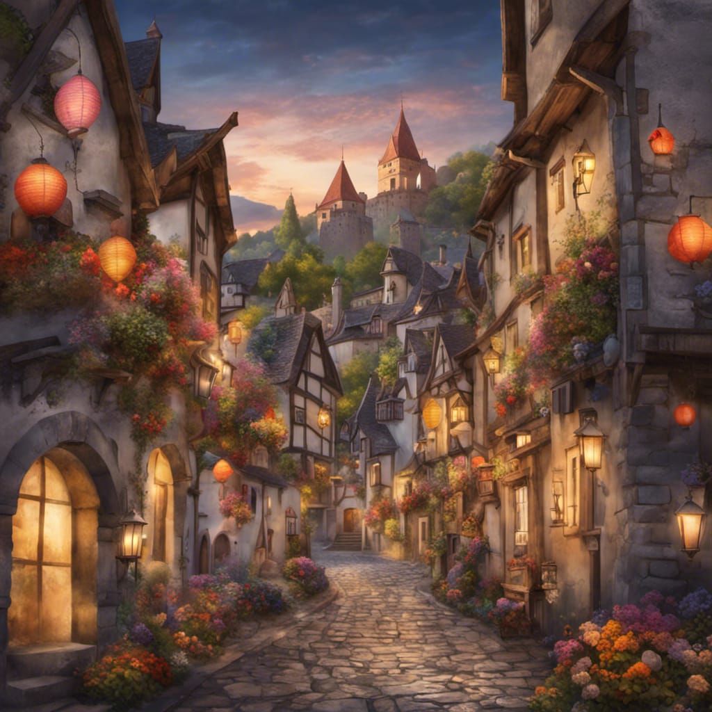 Colorful Medieval Town Street with Castle