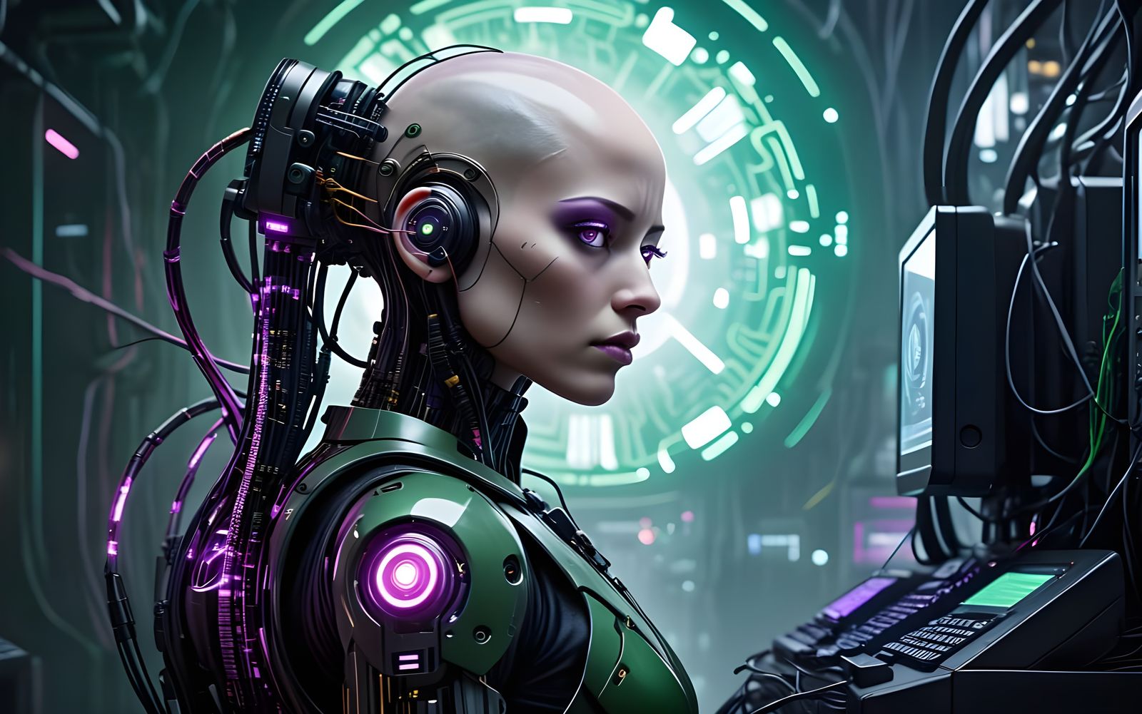 Glowing Cyberpunk Robot Goddess Unveils Digital Secrets