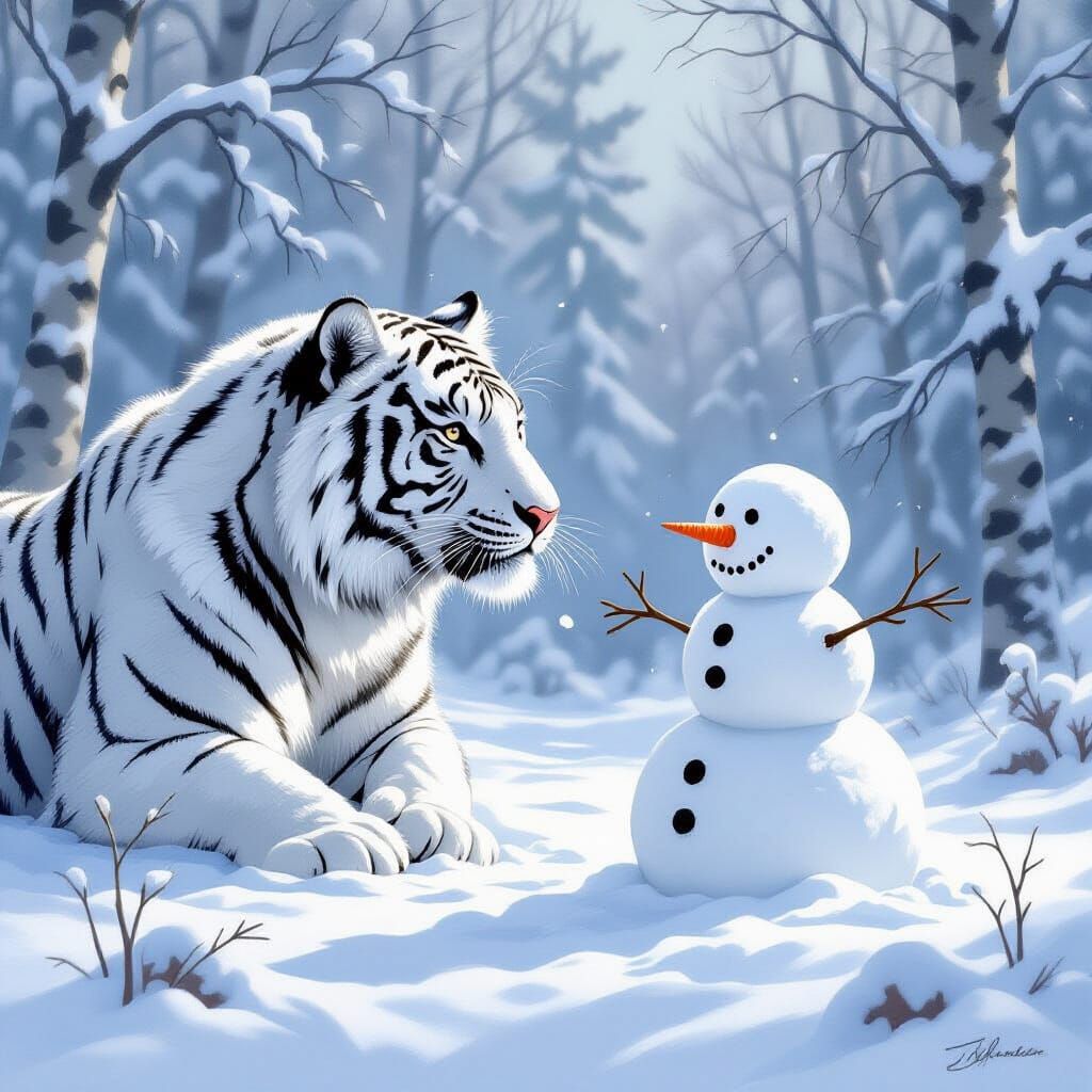 Snow Tiger and Snowman in Painterly Style