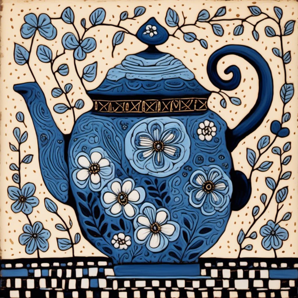 China Blue Teapot in Art Brut Style