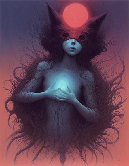 Blindfolded Girl with Fox in Surreal Cosmos