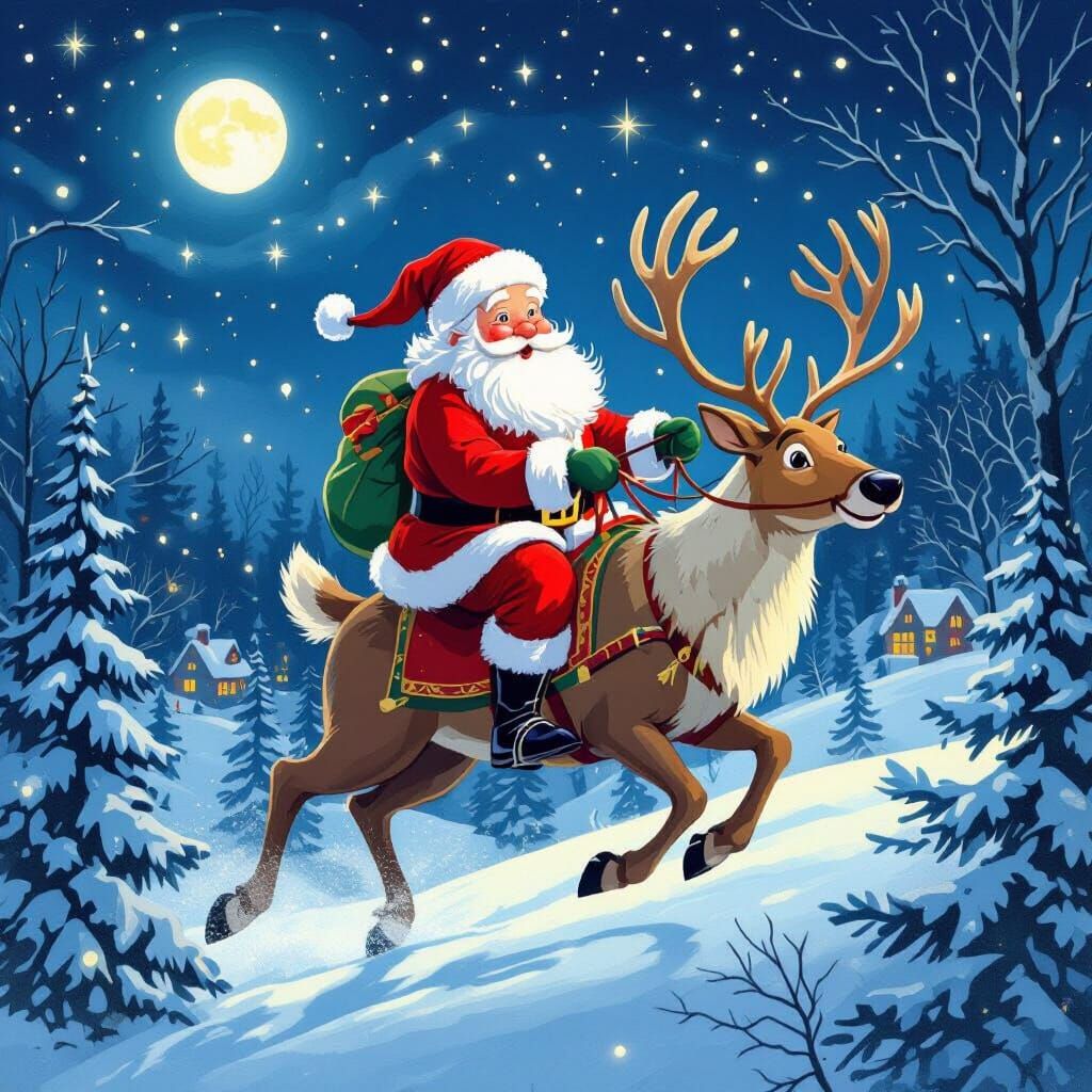 Whimsical Santa Rides Reindeer Through Snowy Forest