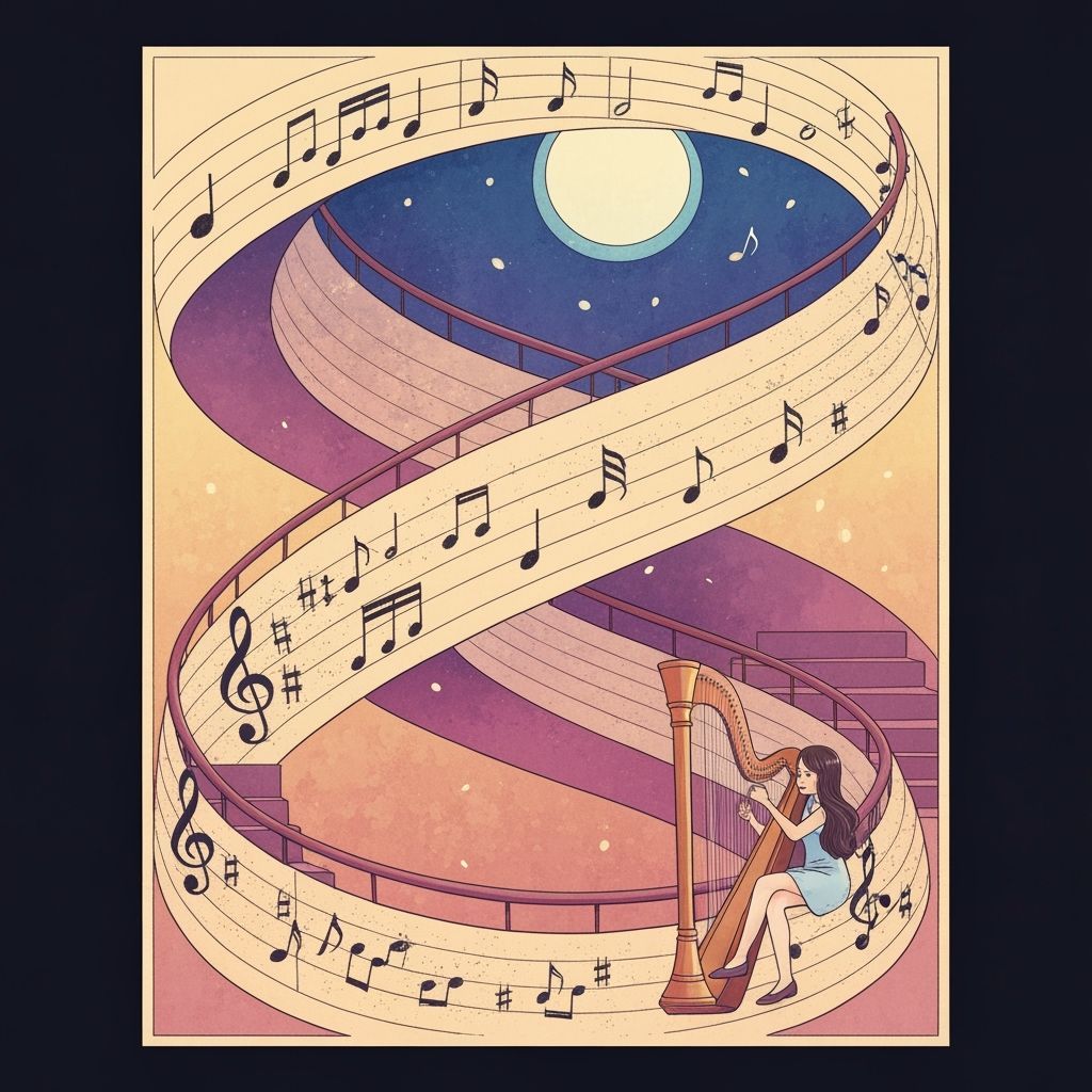 Girl Plays Harp on Spiral Staircase in Dreamlike Musical Lan...