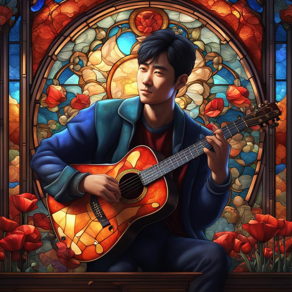 Stained Glass Actor in Elegant Bedroom, 3D Render