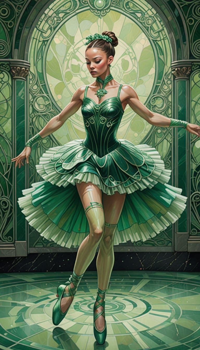 Art Nouveau Cyborg Ballerina Pirouettes in Green Tutu