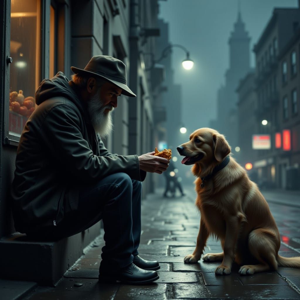 Homeless Man Shares Food With Dog in Oil Painting Style