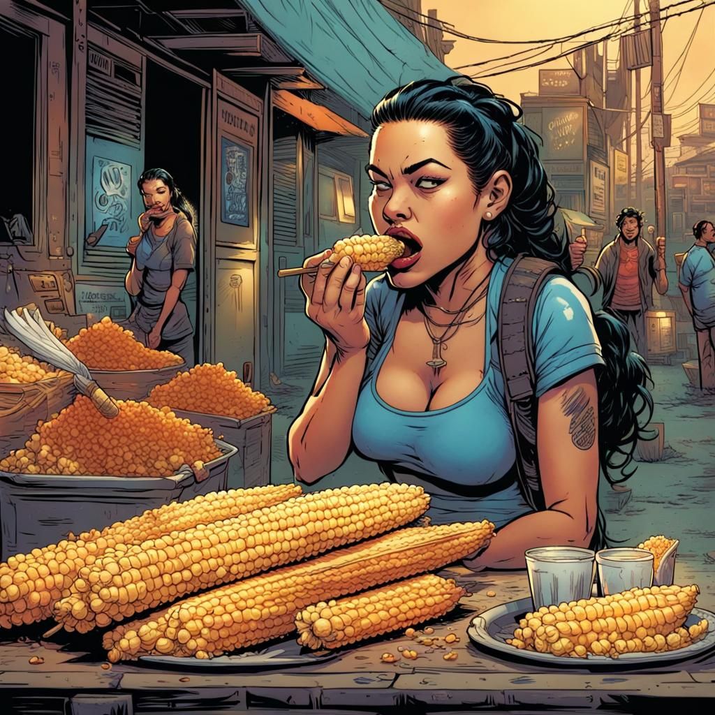 Chola Eating Elote, Comic Book Art Style