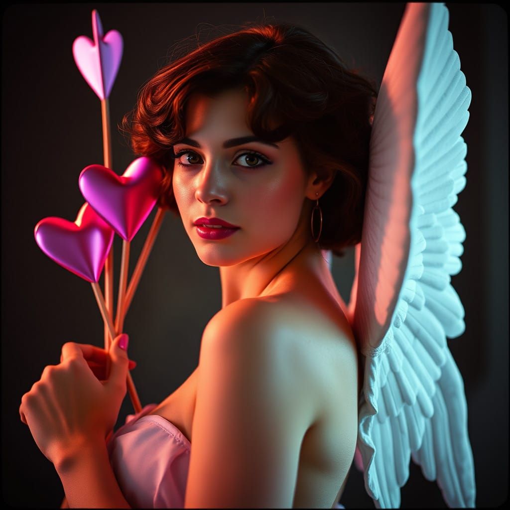 Ethereal Goddess Wields Pink Heart Arrows in Cinematic Glory